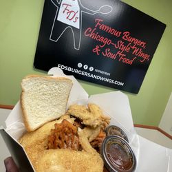FD's Famous Burgers - Crispy Chicago-style wings served with sweet potato waffle fries dusted with cinnamon sugar.