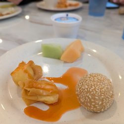 Cream Cheese Rangoons, Melons were perfectly ripe and delicious, Sesame Ball (always a treat).