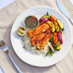 Lean & Tasty - Blackened Tilapia, Basmati Rice, Grilled Veggies, Lemon Capers Sauce.