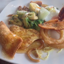 Kao Resturant - egg roll with plum sauce, egg foo young, onion rings, french fry, Chinese cabbage, broccoli