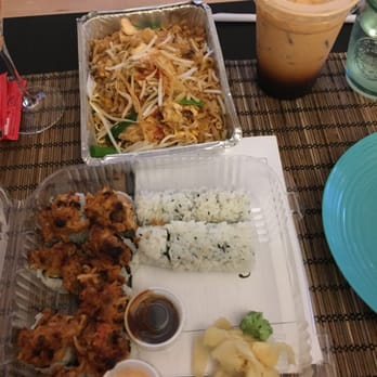 Sawaddee - tonight's takeout: chicken pad Thai, volcano roll, cucumber roll and iced Thai tea - Sushi Bars Near Me - Miami Beach, Florida