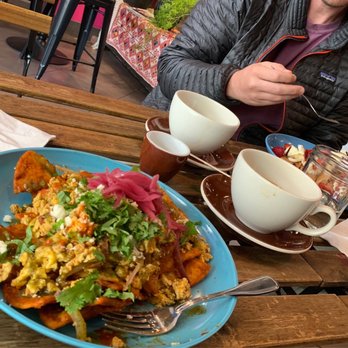 Corazon Cafe - Chilaquiles and pancakes with fruit - Breakfast & Brunch Near Me - San Luis Obispo, California