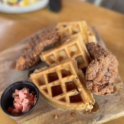 Chicken and waffles with strawberry butter