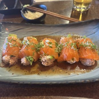 Ocean Sushi - Salmon Malibu Roll (Truffle Blue Crab with Salmon) (No Rice) it was okay - Sushi Bars Near Me - West Hollywood, California Ocean Sushi - Salmon Malibu Roll (Truffle Blue Crab with Salmon) (No Rice) it was okay - Sushi Bars Near Me - West Hollywood, California