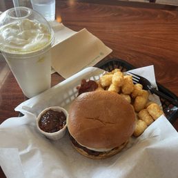 Cheeseburger with tater tot's and a blood orange olive oil shake Cheeseburger with tater tot's and a blood orange olive oil shake
