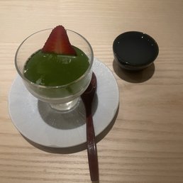 Pannacotta with matcha with complimentary sake Pannacotta with matcha with complimentary sake