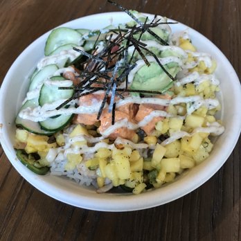 Island Fin Poke - White rice, spicy tuna, shrimp,mango salsa, corn, jalapeños, cucumbers, avocado, dried seaweed - Hawaiian Near Me - Worcester, Massachusetts Island Fin Poke - White rice, spicy tuna, shrimp,mango salsa, corn, jalapeños, cucumbers, avocado, dried seaweed - Hawaiian Near Me - Worcester, Massachusetts