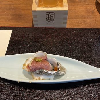 wa’z - Oyster wrapped in A5 Miyazaki Wagyu Beef with Lime Kosho Paste - Japanese Near Me - Seattle, Washington wa’z - Oyster wrapped in A5 Miyazaki Wagyu Beef with Lime Kosho Paste - Japanese Near Me - Seattle, Washington