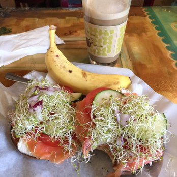 Bean Bag Cafe - Lox bagel sandwich on lock with a 'nana and dirty chai. - Burgers Near Me - San Francisco, California Bean Bag Cafe - Lox bagel sandwich on lock with a 'nana and dirty chai. - Burgers Near Me - San Francisco, California