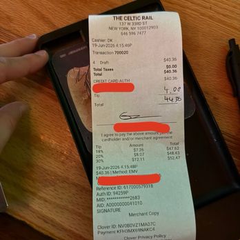 The Celtic Rail - Receipt - Irish Pub Near Me - New York, New York