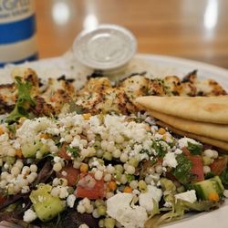 Luna Grill Palm Desert - Shrimp skewer, Mediterranean salad with rice.