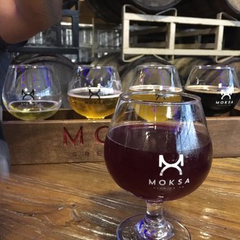 Moksa Brewing - Here's our flight and the extra fifth glass! The guy behind pouring is awesome, he's got glasses, dark hair and about 6'. - Breweries Near Me - Rocklin, California