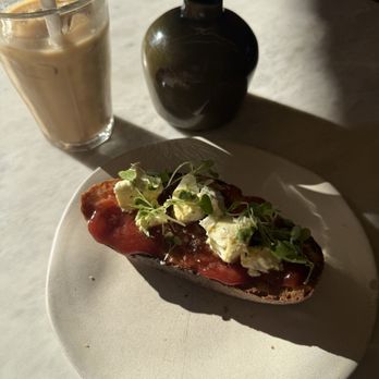 Franko&Co - Strawberry jam + goat cheese on toast   Vanilla ice latte - Coffee & Tea Near Me - Sausalito, California