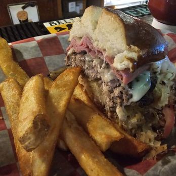 Schuberg's Bar & Grill - Irish burger (with corned beef, sauerkraut, and thousand Island dressing), fries. - American Near Me - Big Rapids, Michigan Schuberg's Bar & Grill - Irish burger (with corned beef, sauerkraut, and thousand Island dressing), fries. - American Near Me - Big Rapids, Michigan