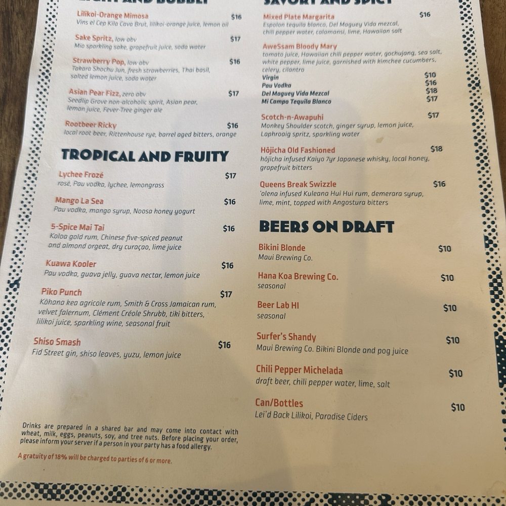 Piko Kitchen + Bar - Menu - Cocktail Bars Near Me - Honolulu, Hawaii