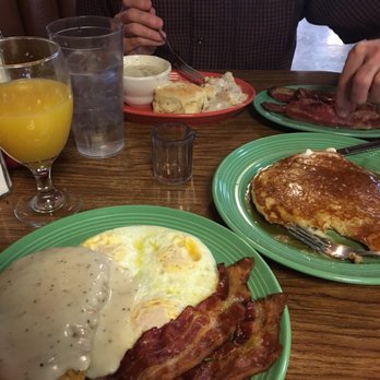 Outpost Cafe - CF steak, bacon, eggs and flapjack w/mimosa   Amazing - American Near Me - Oak Hills, California