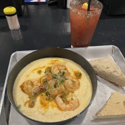 Dem 2 Brothers - The whole meal... Shrimp and Grits, Focaccia Bread, dandy Bloody Mary!!!