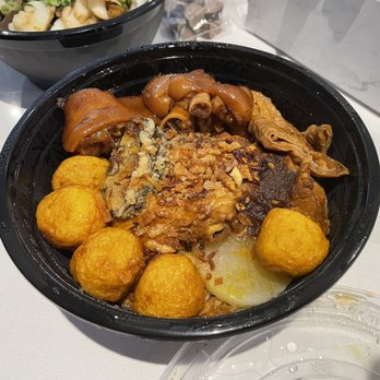 The Noodle Bar - Combo meal with curry fish ball, pigs hand, pig intestine, turnip and one abalone. Great value - Noodles Near Me - Markham, Ontario The Noodle Bar - Combo meal with curry fish ball, pigs hand, pig intestine, turnip and one abalone. Great value - Noodles Near Me - Markham, Ontario