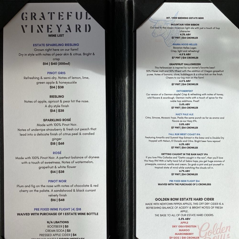 Grateful Vineyard - Menu - Wine Tasting Room Near Me - Mount Hood, Oregon Grateful Vineyard - Menu - Wine Tasting Room Near Me - Mount Hood, Oregon