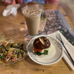 The Coffee Factory - The Caprese sandwich, Sarah's olive salad and a lavender flower coffee