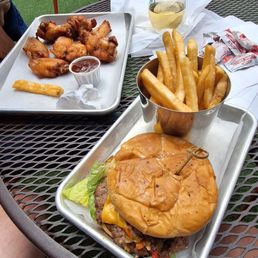 Smoked wings and a green chili smashed cheeseburger with fries