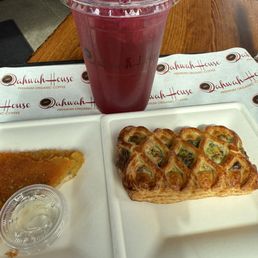 Egg and meat pastry, dragonfruit refresher, kanafa Egg and meat pastry, dragonfruit refresher, kanafa