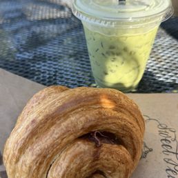 Prosciutto croissant and lavender matcha latte Prosciutto croissant and lavender matcha latte