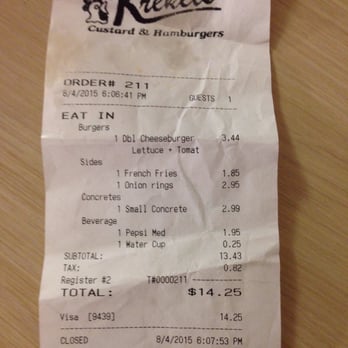 Krekel's Custard & Hamburgers - They charge extra for water, and lettuce and tomato. - Burgers Near Me - Springfield, Illinois