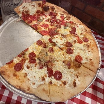 Grimaldi's Pizzeria - Quattro Formaggi Pizza with added Pepperoni and half red sauce - Pizza Near Me - Chandler, Arizona Grimaldi's Pizzeria - Quattro Formaggi Pizza with added Pepperoni and half red sauce - Pizza Near Me - Chandler, Arizona
