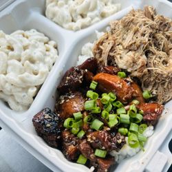 Hawaiian Bros Island Grill - Build your own plate with Honolulu Chicken + the Luau Pork and double mac salad