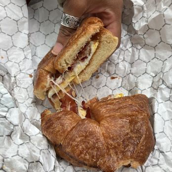 Kaffmandu Coffee House, Beverly - *ignore my thumb nail* Breakfast Sandwich - Coffee & Tea Near Me - Beverly, Massachusetts