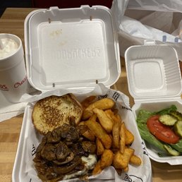 COVID presentation for dine in. Mushroom Swiss Burger with fried and shake