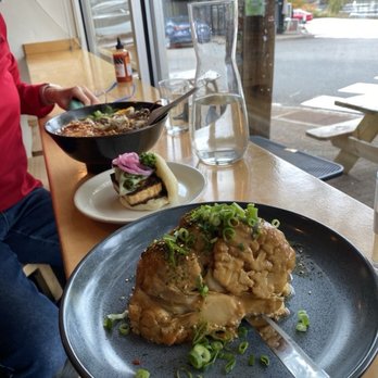 Anju Noodle Bar - Tantanmen, tofu bun, and tahini cauliflower at window counter seating - Ramen Near Me - Kittery, Maine