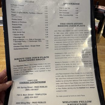 Joe's Other Place - Menu - Mexican Near Me - Templeton, California