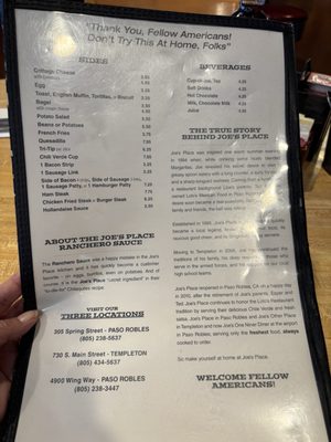 Menu photo 3 Joe's Other Place Templeton, CA