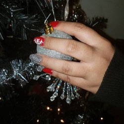 The Nail Lounge - Red sns with silver custom sns on natural nails!