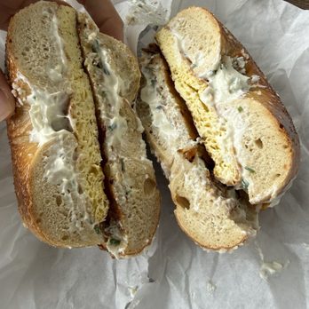 Inglorious Bagels & Coffee - Salt bagel with egg, chive cream cheese, and latke - Bagels Near Me - Carlsbad, California