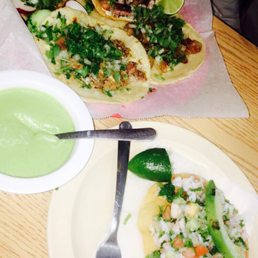 Far plate - head, el pastor, and tripe tacos ($2.00 each) Close plate- Incredibly fresh and delicious shrimp tostada ($3.50 each). Far plate - head, el pastor, and tripe tacos ($2.00 each) Close plate- Incredibly fresh and delicious shrimp tostada ($3.50 each).