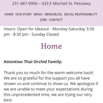 Thai Orchid Cuisine - Hours and Takeout only. Call to order. Sept 2020 - Thai Near Me - Petoskey, Michigan