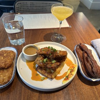Unconventional Diner - Chicken & Waffles, side of bacon, Hash Browns and a mimosa. - Breakfast & Brunch Near Me - Washington, DC, District of Columbia