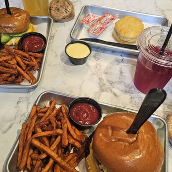 Brick City Vegan - Black eyed pea burger with sweet potato fries, butter and jam biscuit, and a hibiscus tea - Vegan Near Me - Montclair, New Jersey Brick City Vegan - Black eyed pea burger with sweet potato fries, butter and jam biscuit, and a hibiscus tea - Vegan Near Me - Montclair, New Jersey