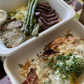 Rev-a-lee Brunch Café - Steak and eggs with fingerling potatoes + croque madame - Vegan Near Me - Vineland, Ontario Rev-a-lee Brunch Café - Steak and eggs with fingerling potatoes + croque madame - Vegan Near Me - Vineland, Ontario