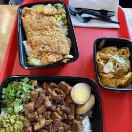 Fried chicken and pork belly bowls