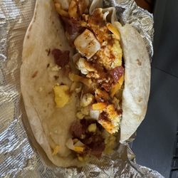Taqueria San Juan - Bacon, potato, egg, and cheese w/hot salsa