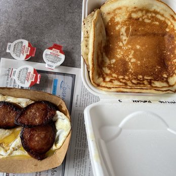 Mana'e Goods & Grindz - Pancake plate, sausage, over easy eggs. - Hawaiian Near Me - Kaunakakai, Hawaii Mana'e Goods & Grindz - Pancake plate, sausage, over easy eggs. - Hawaiian Near Me - Kaunakakai, Hawaii