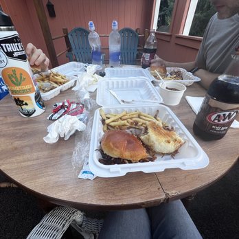 Rusty Bison - Pulled pork sandwich very left, brisket sandwich middle, brisket plate right - Barbeque Near Me - Cooperstown, New York Rusty Bison - Pulled pork sandwich very left, brisket sandwich middle, brisket plate right - Barbeque Near Me - Cooperstown, New York