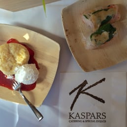 Vegan springrolls with delicious sauce on top and strawberry shortcake.