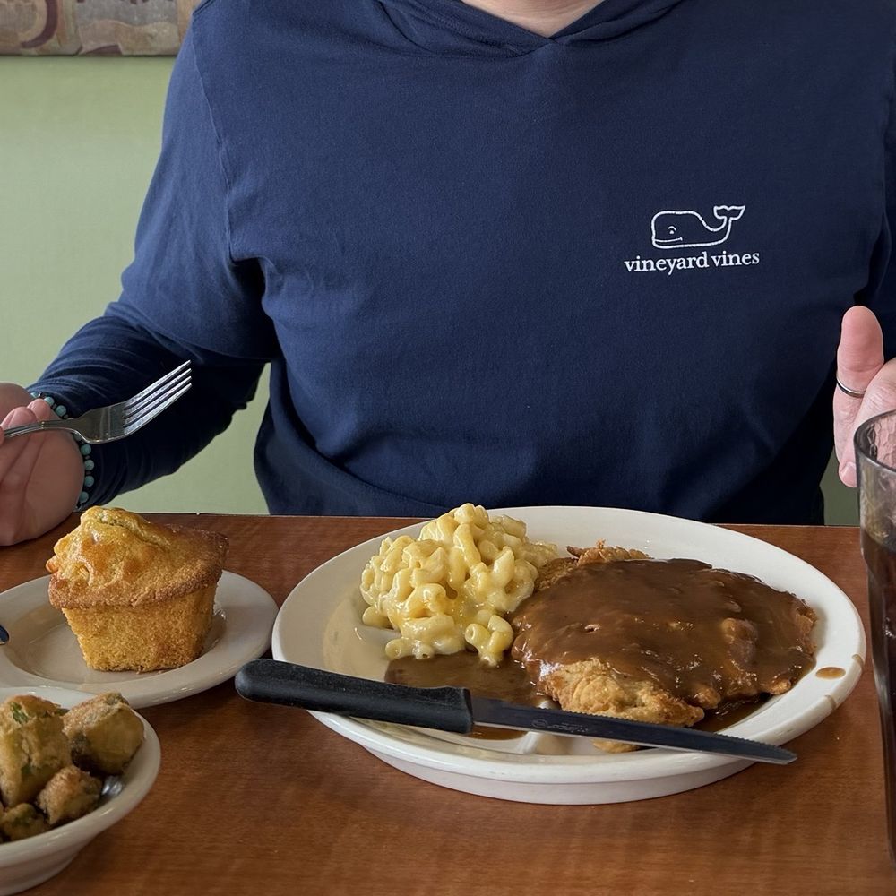 Chicken Fried Steak Combo with okra, Mac & cheese and a jalapeño muffin.