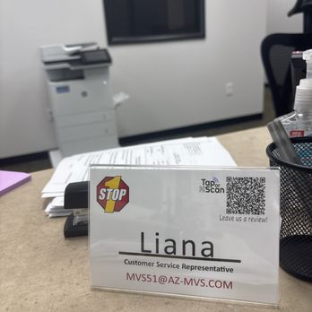 1 Stop Motor Vehicle Services - Name plate of the young lady who helped me - Registration Services Near Me - Glendale, Arizona 1 Stop Motor Vehicle Services - Name plate of the young lady who helped me - Registration Services Near Me - Glendale, Arizona