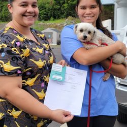 Staff giving me follow up care instructions and microchip information